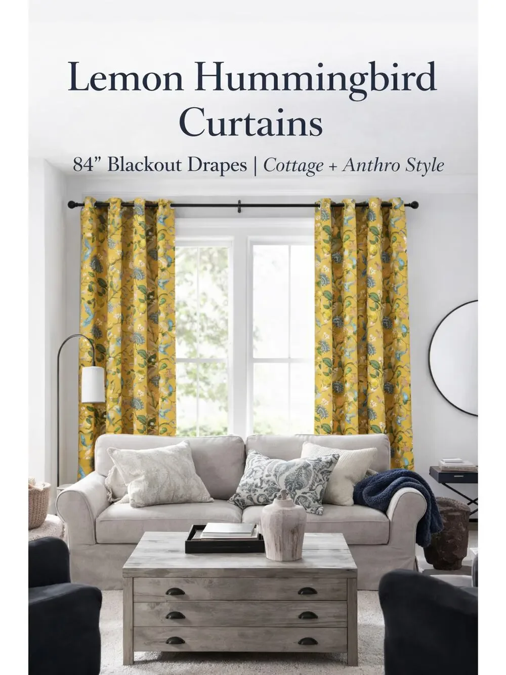 Lemon‎ Hummingbird Curtain 84” Blackout Drape Grandmillennial Anthro Style